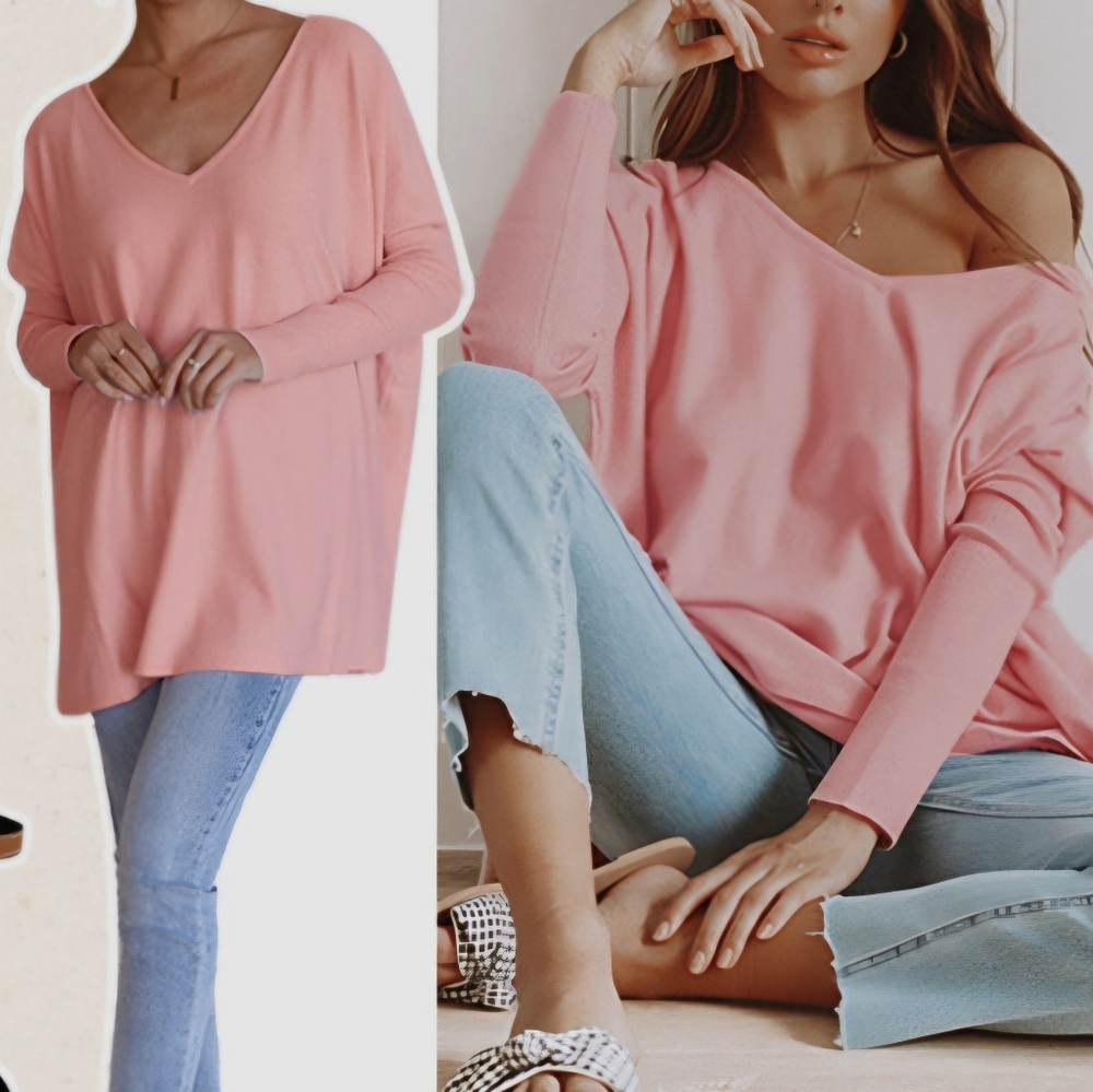 Boho Pink Tunic Sweater Off The Shoulder V-Neck Oversized Sweater XL